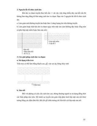 55
2. Nguyên tắc tổ chức cách âm:
Khi âm va chạm truyền theo kết cấu => do vậy việc tăng chiều dày của kết cấu thì
không làm tăng đáng kể khả năng cách âm va chạm. Dựa vào 2 nguyên tắc để tổ chức cách
âm.
a. Làm giản cách đường truyền âm hoặc làm ↓ năng lượng âm trên đường truyền
b. Làm giảm hoặc triệt tiêu âm và chạm ngay trên mặt sàn (sàn bêtông đặc hoặc rỗng trên
có phủ lớp mặt mềm hoặc làm sàn nối)
3. Các giải pháp cách âm va chạm:
a. Sử dụng trần treo
Trần treo có thể làm bằng thạch cao, gỗ, ván sợi ép, bông thủy tinh
b. Sàn nổi
Đối với phòng có yêu cầu cách âm cao, thông thường người ta sử dụng đồng thời
các biện pháp nêu trên. Để tránh sự truyền âm gián tiếp phải tách lớp mặt sàn nổi khỏi
tường bằng các đệm đàn hồi. Khi đó gỗ chắn tường chỉ liên kết với lớp mặt sàn nổi
-Sàn nổi
- Đệm đàn hồi
- B.T.C.L
-Lớp mặt mềm
- Lớp B.T
↑ Trần treo
 