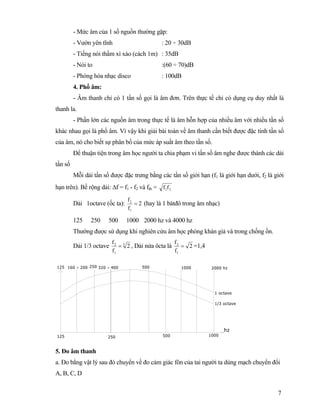 7
- Mức âm của 1 số nguồn thường gặp:
- Vườn yên tĩnh : 20 ÷ 30dB
- Tiếng nói thầm xì xào (cách 1m) : 35dB
- Nói to :(60 ÷ 70)dB
- Phòng hòa nhạc disco : 100dB
4. Phổ âm:
- Âm thanh chỉ có 1 tần số gọi là âm đơn. Trên thực tế chỉ có dụng cụ duy nhất là
thanh la.
- Phần lớn các nguồn âm trong thực tế là âm hỗn hợp của nhiều âm với nhiều tần số
khác nhau gọi là phổ âm. Vì vậy khi giải bài toán về âm thanh cần biết được đặc tính tần số
của âm, nó cho biết sự phân bố của mức áp suất âm theo tần số.
Để thuận tiện trong âm học người ta chia phạm vi tần số âm nghe được thành các dải
tần số
Mỗi dải tần số được đặc trưng bằng các tần số giới hạn (f1 là giới hạn dưới, f2 là giới
hạn trên). Bề rộng dải: ∆f = f1 - f2 và ftb = 21ff
Dải 1octave (ốc ta): 2
f
f
1
2
= (hay là 1 bátđô trong âm nhạc)
125 250 500 1000 2000 hz và 4000 hz
Thường được sử dụng khi nghiên cứu âm học phòng khán giả và trong chống ồn.
Dải 1/3 octave 3
1
2
2
f
f
= , Dải nửa ôcta là 2
f
f
1
2
= =1,4
125 250 500 1000
hz
1 octave
1/3 octave
160 ÷ 200 320 ÷ 400125 250 500 1000 2000 hz
5. Đo âm thanh
a. Đo bằng vật lý sau đó chuyển về đo cảm giác fôn của tai người ta dùng mạch chuyển đổi
A, B, C, D
 