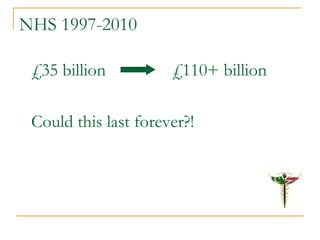 NHS 1997-2010
£35 billion £110+ billion
Could this last forever?!
 
