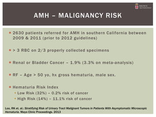  2630 patients referred for AMH in southern California between
2009 & 2011 (prior to 2012 guidelines)
 > 3 RBC on 2/3 properly collected specimens
 Renal or Bladder Cancer – 1.9% (3.3% on meta-analysis)
 RF – Age > 50 yo, hx gross hematuria, male sex.
 Hematuria Risk Index
 Low Risk (32%) – 0.2% risk of cancer
 High Risk (14%) – 11.1% risk of cancer
AMH – MALIGNANCY RISK
Loo, RK et. al.: Stratifying Risk of Urinary Tract Malignant Tumors in Patients With Asymptomatic Microscopic
Hematuria. Mayo Clinic Proceedings. 2013
 