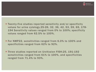  Twenty-five studies reported sensitivity and/or specificity
values for urine cytology.25-26, 32, 36, 42, 53, 59, 65, 178-
194 Sensitivity values ranged from 0% to 100%; specificity
values ranged from 62.5% to 100%.
 For NMP22, sensitivities ranged from 6.0% to 100% and
specificities ranged from 62% to 92%.
 Three studies reported on UroVysion FISH;25, 191-192
sensitivities ranged from 61% to 100%, and specificities
ranged from 71.4% to 93%.
 