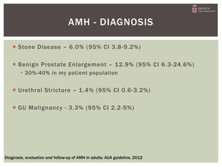  Stone Disease – 6.0% (95% CI 3.8-9.2%)
 Benign Prostate Enlargement – 12.9% (95% CI 6.3-24.6%)
 30%-40% in my patient population
 Urethral Stricture – 1.4% (95% CI 0.6-3.2%)
 GU Malignancy - 3.3% (95% CI 2.2-5%)
AMH - DIAGNOSIS
Diagnosis, evaluation and follow-up of AMH in adults: AUA guideline, 2012
 