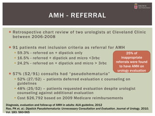  Retrospective chart review of two urologists at Cleveland Clinic
between 2006-2008
 91 patients met inclusion criteria as referral for AMH
 59.3% - referred on + dipstick only
 16.5% - referred + dipstick and micro <3rbc
 24.2% - referred on + dipstick and micro > 3rbc
 57% (52/91) consults had “pseudohematuria”
 52% (27/52) – patients deferred evaluation c counseling on
guidelines
 48% (25/52) – patients requested evaluation despite urologist
counseling against additional evaluation
 Cost $26,792 based on 2009 Medicare reimbursements
AMH - REFERRAL
Diagnosis, evaluation and follow-up of AMH in adults: AUA guideline, 2012
Rao, PK et. al.: Dipstick Pseudohematuria: Unnecessary Consultation and Evaluation. Journal of Urology. 2010.
Vol. 183. 560-565
25% of
inappropriate
referrals were found
to have AMH on
urology evaluation
 