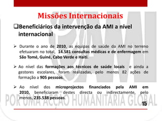 Missões Internacionais
Beneficiários da intervenção da AMI a nível
 internacional
 Durante o ano de 2010, as equipas de saúde da AMI no terreno
  efetuaram no total, 14.581 consultas médicas e de enfermagem em
  São Tomé, Guiné, Cabo Verde e Haiti.

 Ao nível das formações aos técnicos de saúde locais e ainda a
  gestores escolares, foram realizadas, pelo menos 82 ações de
  formação a 905 pessoas.

 Ao nível dos microprojectos financiados pela AMI em
  2010, beneficiaram destes directa ou indirectamente, pelo
  menos, 235.538 pessoas.
                                                             15
 