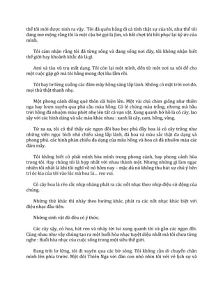 thể tôi mới được sinh ra vậy. Tôi đ~ quên bẳng đi cá tính thật sự của tôi, như thể tôi
đang mơ mộng rằng tôi là một cậu bé gọi là Jim, và bất chợt tôi hồi phục lại ký ức của
mình.
Tôi cảm nhận rằng tôi đ~ từng sống v{ đang sống nơi đ}y, tôi không nhận biết
thế giới hay khoảnh khắc đó l{ gì.
Ami và tàu vũ trụ mất dạng. Tôi còn lại một mình, đến từ một nơi xa xôi để cho
một cuộc gặp gỡ mà tôi hằng mong đợi lâu lắm rồi.
Tôi bay lơ lửng xuống c|c đ|m m}y hồng sáng lấp lánh. Không có mặt trời nơi đó,
mọi thứ thật thanh nhẹ.
Một phong cảnh đồng quê thôn dã hiện lên. Một vài chú chim giống như thiên
nga bay lượn xuyên qua phá cầu màu hồng. Có lẻ chúng màu trắng, nhưng m{ bầu
trời hồng đ~ nhuộm màu phớt nhẹ lên tất cả vạn vật. Xung quanh bờ hồ là cỏ cây, lao
sậy với các hình dáng và sắc màu khác nhau : xanh lá cây, cam, hồng, vàng.
Từ xa xa, tôi có thể thấy các ngọn đồi bao bọc phủ đầy hoa lá cỏ c}y trông như
những viên ngọc bích nhỏ chiếu sáng lấp l|nh, đ| hoa v{ m{u sắc thật đa dạng và
phong phú. các hình phản chiếu đa dạng của màu hồng v{ hoa c{ đ~ nhuốm màu các
đ|m m}y.
Tôi không biết có phải mình hòa mình trong phong cảnh, hay phong cảnh hòa
trong tôi. Hay chúng tôi là hợp nhất với nhau thành một. Nhưng những gì làm ngạc
nhiên tôi nhất l{ khi tôi nghĩ về nó hôm nay – mặc dù nó không thu hút sự chú ý bên
trí óc kia của tôi v{o lúc m{ hoa l|… reo vui.
Cỏ cây hoa lá réo rắc nhịp nhàng phát ra các nốt nhạc theo nhịp điệu cử động của
chúng.
Những thứ khác thì nhảy theo hướng khác, phát ra các nốt nhạc khác biệt với
điệu nhạc đầu tiên.
Những sinh vật đó đều có ý thức.
Các cây sậy, cỏ hoa, hát reo và nhảy tới lui xung quanh tôi và gần các ngọn đồi.
Cùng nhau như vậy chúng tạo ra một buổi hòa nhạc tuyệt diệu nhất m{ tôi chưa từng
nghe : Buổi hòa nhạc của cuộc sống trong một siêu thế giới.
Đang trôi lơ lững, tôi đi xuyên qua c|c bờ sông. Tôi không cần di chuyển chân
mình lên phía trước. Một đôi Thiên Nga với đ{n con nhỏ nhìn tôi với vẻ lịch sự và
 