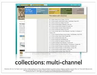 collections: multi-channel
Peereboom, M. et al., Van Gogh's Letters: Or How to Make the Results of 15 Years of Research Widely Accessible for Various Audiences and How to Involve Them. In J. Trant and D. Bearman (eds).
Museums and the Web 2010: Proceedings. Toronto: Archives & Museum Informatics. Published March 31, 2010.
Consulted November 21, 2010. http://www.archimuse.com/mw2010/papers/peereboom/peereboom.html
 