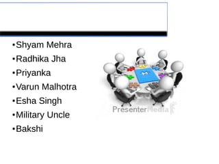 Names of the character
● Shyam Mehra
●
Radhika Jha
● Priyanka
●
Varun Malhotra
● Esha Singh
●
Military Uncle
● Bakshi
 