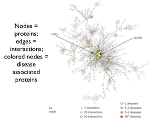 Nodes =
proteins;
edges =
interactions;
colored nodes =
disease
associated
proteins
 