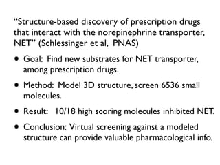 “Structure-based discovery of prescription drugs
that interact with the norepinephrine transporter,
NET” (Schlessinger et al, PNAS)
• Goal: Find new substrates for NET transporter,
among prescription drugs.
• Method: Model 3D structure, screen 6536 small
molecules.
• Result: 10/18 high scoring molecules inhibited NET.
• Conclusion: Virtual screening against a modeled
structure can provide valuable pharmacological info.
 