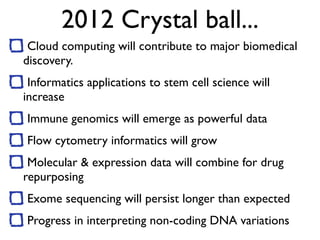 2012 Crystal ball...
Cloud computing will contribute to major biomedical
discovery.
Informatics applications to stem cell science will
increase
Immune genomics will emerge as powerful data
Flow cytometry informatics will grow
Molecular & expression data will combine for drug
repurposing
Exome sequencing will persist longer than expected
Progress in interpreting non-coding DNA variations
 
