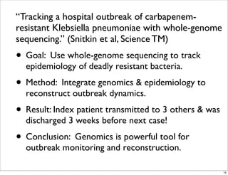 “Tracking a hospital outbreak of carbapenem-
resistant Klebsiella pneumoniae with whole-genome
sequencing.” (Snitkin et al, Science TM)
• Goal: Use whole-genome sequencing to track
epidemiology of deadly resistant bacteria.
• Method: Integrate genomics & epidemiology to
reconstruct outbreak dynamics.
• Result: Index patient transmitted to 3 others & was
discharged 3 weeks before next case!
• Conclusion: Genomics is powerful tool for
outbreak monitoring and reconstruction.
15
 