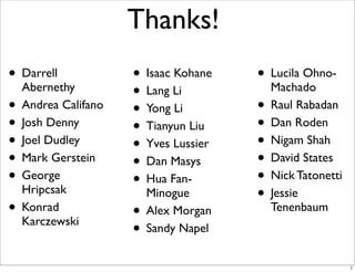 Thanks!
• Darrell
Abernethy
• Andrea Califano
• Josh Denny
• Joel Dudley
• Mark Gerstein
• George
Hripcsak
• Konrad
Karczewski
• Isaac Kohane
• Lang Li
• Yong Li
• Tianyun Liu
• Yves Lussier
• Dan Masys
• Hua Fan-
Minogue
• Alex Morgan
• Sandy Napel
• Lucila Ohno-
Machado
• Raul Rabadan
• Dan Roden
• Nigam Shah
• David States
• Nick Tatonetti
• Jessie
Tenenbaum
7
 