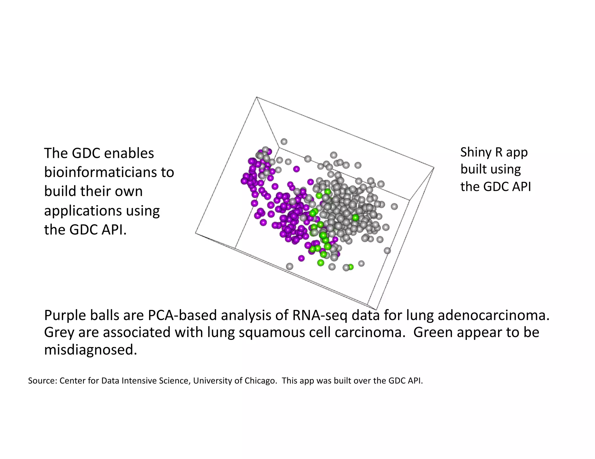 Purple balls are PCA-based analysis of RNA-seq data for lung adenocarcinoma.
Grey are associated with lung squamous cell carcinoma. Green appear to be
misdiagnosed.
The GDC enables
bioinformaticians to
build their own
applications using
the GDC API.
Source: Center for Data Intensive Science, University of Chicago. This app was built over the GDC API.
Shiny R app
built using
the GDC API
 