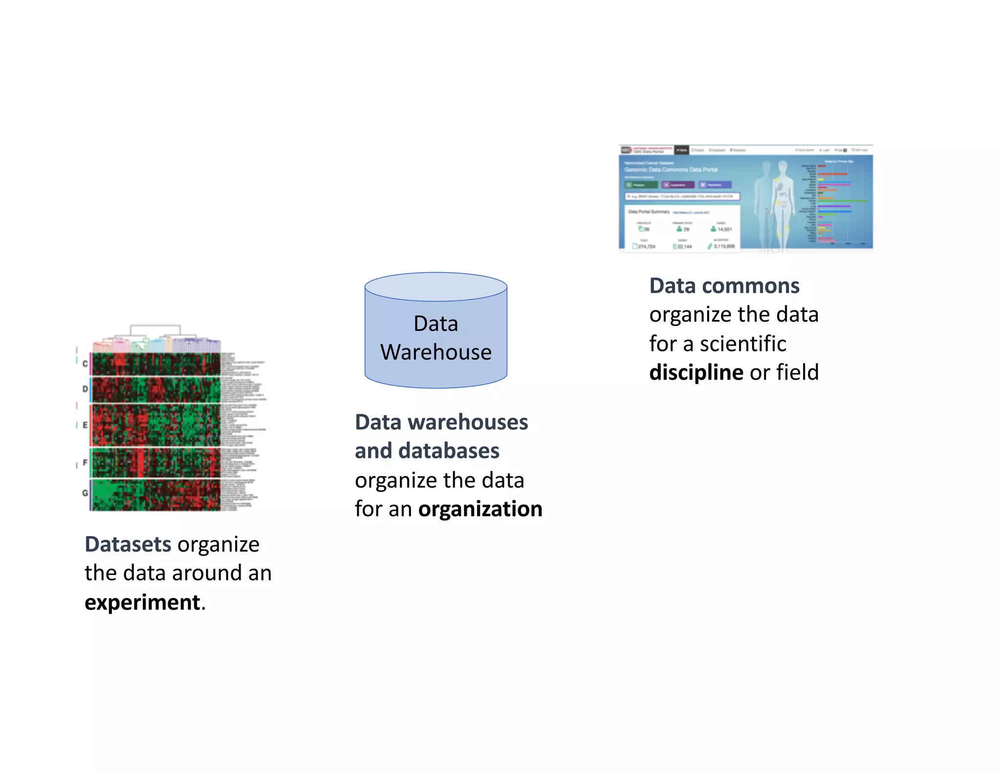 Datasets organize
the data around an
experiment.
Data warehouses
and databases
organize the data
for an organization
Data commons
organize the data
for a scientific
discipline or field
Data
Warehouse
 