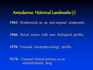 Amiodarone Historical Landmarks (1)
1962: Synthesized as an anti-anginal compound .
1968: Novel action with new biological profile.
1970: Unusual electrophysiology profile.
74/76: Unusual clinical potency as an
antiarrhythmic drug
 
