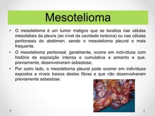 • O mesotelioma é um tumor maligno que se localiza nas células
mesoteliais da pleura (ao nível da cavidade torácica) ou nas células
peritoneais do abdómen, sendo o mesotelioma pleural o mais
frequente.
• O mesotelioma peritoneal, geralmente, ocorre em indivíduos com
história de exposição intensa e cumulativa a amianto e que,
previamente, desenvolveram asbestose.
• Por outro lado, o mesotelioma pleural pode ocorrer em indivíduos
expostos a níveis baixos destas fibras e que não desenvolveram
previamente asbestose.
Mesotelioma
 