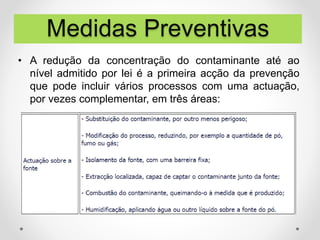• A redução da concentração do contaminante até ao
nível admitido por lei é a primeira acção da prevenção
que pode incluir vários processos com uma actuação,
por vezes complementar, em três áreas:
Medidas Preventivas
 