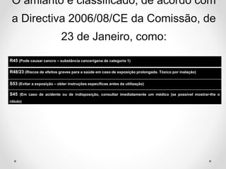 R45 (Pode causar cancro – substância cancerígena de categoria 1)
R48/23 (Riscos de efeitos graves para a saúde em caso de exposição prolongada. Tóxico por inalação)
S53 (Evitar a exposição – obter instruções específicas antes da utilização)
S45 (Em caso de acidente ou de indisposição, consultar imediatamente um médico (se possível mostrar-lhe o
rótulo)
O amianto é classificado, de acordo com
a Directiva 2006/08/CE da Comissão, de
23 de Janeiro, como:
 