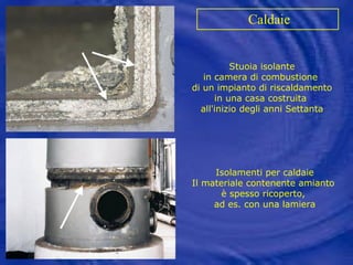 Caldaie Stuoia isolante in camera di combustione  di un impianto di riscaldamento in una casa costruita  all'inizio degli anni Settanta Isolamenti per caldaie Il materiale contenente amianto  è spesso ricoperto,  ad es. con una lamiera 
