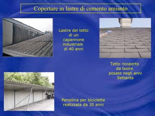 Coperture   in lastre di cemento amianto   Pensilina per biciclette realizzata da 30 anni Lastre del tetto di un capannone industriale  di 40 anni Tetto ricoperto  da lastre  posate negli anni Settanta 