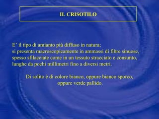 E’ il tipo di amianto più diffuso in natura;  si presenta macroscopicamente in ammassi di fibre sinuose, spesso sfilacciate come in un tessuto stracciato e consunto, lunghe da pochi millimetri fino a diversi metri.  Di solito è di colore bianco, oppure bianco sporco,  oppure verde pallido. IL CRISOTILO 