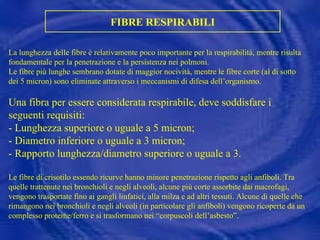 FIBRE RESPIRABILI La lunghezza delle fibre è relativamente poco importante per la respirabilità, mentre risulta fondamentale per la penetrazione e la persistenza nei polmoni. Le fibre più lunghe sembrano dotate di maggior nocività, mentre le fibre corte (al di sotto dei 5 micron) sono eliminate attraverso i meccanismi di difesa dell’organismo. Una fibra per essere considerata respirabile, deve soddisfare i seguenti requisiti: - Lunghezza superiore o uguale a 5 micron; - Diametro inferiore o uguale a 3 micron; - Rapporto lunghezza/diametro superiore o uguale a 3. Le fibre di crisotilo essendo ricurve hanno minore penetrazione rispetto agli anfiboli. Tra quelle trattenute nei bronchioli e negli alveoli, alcune più corte assorbite dai macrofagi, vengono trasportate fino ai gangli linfatici, alla milza e ad altri tessuti. Alcune di quelle che rimangono nei bronchioli e negli alveoli (in particolare gli anfiboli) vengono ricoperte da un complesso proteine/ferro e si trasformano nei “corpuscoli dell’asbesto”. 