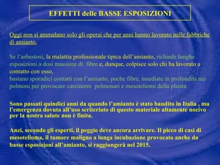 EFFETTI delle BASSE ESPOSIZIONI Oggi non si ammalano solo gli operai che per anni hanno lavorato nelle fabbriche di amianto. Se l’asbestosi , la malattia professionale tipica dell’amianto,  richiede lunghe esposizioni a dosi massicce di  fibre  e, dunque, colpisce solo chi ha lavorato a contatto con esso,  bastano sporadici contatti con l’amianto, poche fibre, insediate in profondità nei polmoni per provocare carcinomi  polmonari e mesoteliomi della pleura. Sono passati quindici anni da quando l’amianto è stato bandito in Italia , ma l’emergenza dovuta all’uso scriteriato di questo materiale altamente nocivo per la nostra salute non è finita.  Anzi, secondo gli esperti, il peggio deve ancora arrivare. Il picco di casi di mesotelioma, il tumore maligno a lunga incubazione provocato anche da basse esposizioni all’amianto, si raggiungerà nel 2015.  