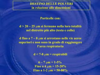 DESTINO DELLE POLVERI in relazione alle dimensioni  Particelle con: d > 20 – 25  μ m si fermano nella loro totalità nel distretto più alto (testa e collo) d fino a 7 – 8  μ m si arrestano nelle vie aeree superiori e non sono in grado di raggiungere l’area respiratoria d < 7-8  μ m = respirabili 6 – 7  μ m = 1-5%  Fino a 4  μ m = 15-20% Fino a 1-2  μ m = 50-80% 