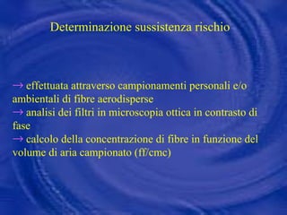 Determinazione sussistenza rischio effettuata attraverso campionamenti personali e/o ambientali di fibre aerodisperse analisi dei filtri in microscopia ottica in contrasto di fase calcolo della concentrazione di fibre in funzione del volume di aria campionato (ff/cmc) 