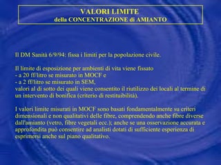 Il DM Sanità 6/9/94: fissa i limiti per la popolazione civile.  Il limite di esposizione per ambienti di vita viene fissato  - a 20 ff/litro se misurato in MOCF e  - a 2 ff/litro se misurato in SEM,  valori al di sotto dei quali viene consentito il riutilizzo dei locali al termine di un intervento di bonifica (criterio di restituibilità). I valori limite misurati in MOCF sono basati fondamentalmente su criteri dimensionali e non qualitativi delle fibre, comprendendo anche fibre diverse dall'amianto (vetro, fibre vegetali ecc.); anche se una osservazione accurata e approfondita può consentire   ad analisti dotati di sufficiente esperienza di esprimersi anche sul piano qualitativo. VALORI LIMITE  della CONCENTRAZIONE di AMIANTO 