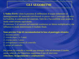 L’Indice Ferris  valuta la presenza di infiltrazioni di acqua unitamente al danneggiamento del materiale ( attribuendo in questo caso il punteggio più alto ). La friabilità, le condizioni del materiale, l'attività e l'accessibilità sono pesate in modo relativamente equivalente. Il  contenuto % di amianto  nel materiale costituisce un fattore moltiplicativo, che influenza in modo determinante il risultato finale. Sono previste 5 tipi di raccomandazioni in base al punteggio ottenuto: 1. nessuna azione; 2. rivisita dopo 2 o 3 anni; 3. rivisita entro 1 anno; 4. sorveglianza o azione di controllo; 5. azione di controllo. Per azione di controllo si intende una strategia volta ad eliminare il rischio, senza, tuttavia, che l'algoritmo suggerisca il tipo di intervento ( rimozione, incapsulamento o confinamento ). GLI ALGORITMI   