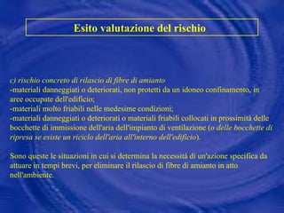 c) rischio concreto di rilascio di fibre di amianto -materiali danneggiati o deteriorati, non protetti da un idoneo confinamento, in aree occupate dell'edificio; -materiali molto friabili nelle medesime condizioni; -materiali danneggiati o deteriorati o materiali friabili collocati in prossimità delle bocchette di immissione dell'aria dell'impianto di ventilazione ( o delle bocchette di ripresa se esiste un riciclo dell'aria all'interno dell'edificio ).  Sono queste le situazioni in cui si determina la necessità di un'azione specifica da attuare in tempi brevi, per eliminare il rilascio di fibre di amianto in atto nell'ambiente.  Esito valutazione del rischio   