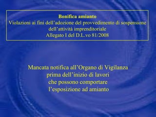 Mancata notifica all’Organo di Vigilanza  prima dell’inizio di lavori  che possono comportare  l’esposizione ad amianto Bonifica amianto Violazioni ai fini dell’adozione del provvedimento di sospensione dell’attività imprenditoriale Allegato I del D.L.vo 81/2008 