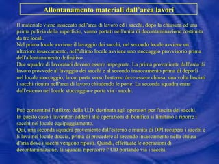 Il materiale viene insaccato nell'area di lavoro ed i sacchi, dopo la chiusura ed una prima pulizia della superficie, vanno portati nell'unità di decontaminazione costituita da tre locali. Nel primo locale avviene il lavaggio dei sacchi, nel secondo locale avviene un ulteriore insaccamento, nell'ultimo locale avviene uno stoccaggio provvisorio prima dell'allontanamento definitivo. Due squadre di lavoratori devono essere impegnate. La prima proveniente dall'area di lavoro provvede al lavaggio dei sacchi e al secondo insaccamento prima di deporli nel locale stoccaggio, la cui porta verso l'esterno deve essere chiusa; una volta lasciati i sacchi rientra nell'area di lavoro chiudendo le porte. La seconda squadra entra dall'esterno nel locale stoccaggio e porta via i sacchi. Può consentirsi l'utilizzo della U.D. destinata agli operatori per l'uscita dei sacchi. In questo caso i lavoratori addetti alle operazioni di bonifica si limitano a riporre i sacchi nel locale equipaggiamento. Qui, una seconda squadra proveniente dall'esterno e munita di DPI recupera i sacchi e li lava nel locale doccia, prima di procedere al secondo insaccamento nella chiusa d'aria dove i sacchi vengono riposti. Quindi, effettuate le operazioni di decontaminazione, la squadra ripercorre l' UD portando via i sacchi. Allontanamento materiali dall’area lavori 