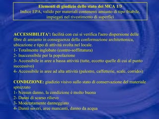 ACCESSIBILITA':  facilità con cui si verifica l'aero dispersione delle fibre di amianto in conseguenza della conformazione architettonica, ubicazione e tipo di attività svolta nel locale. 1- Totalmente inglobato (contro-soffittatura) 2- Inaccessibile per la popolazione 3- Accessibile in aree a bassa attività (tutte, eccetto quelle di cui al punto successivo) 4- Accessibile in aree ad alta attività (palestre, caffetterie, scale, corridoi) CONDIZIONE:  giudizio visivo sullo stato di conservazione del materiale spruzzato 1- Nessun danno, la condizione è molto buona 2- Danni di scarso rilievo 3- Moderatamente danneggiato 4- Danni severi, aree mancanti, danno da acqua Elementi di giudizio dello stato dei MCA 1/3 Indice EPA, valido per materiali contenenti amianto di tipo friabile, impiegati nel rivestimento di superfici 