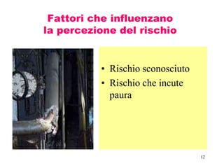 12
Fattori che influenzano
la percezione del rischio
• Rischio sconosciuto
• Rischio che incute
paura
 