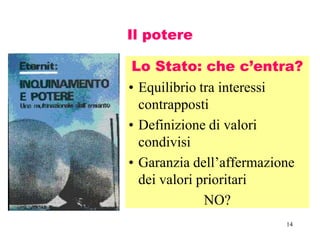 14
Il potere
Lo Stato: che c’entra?
• Equilibrio tra interessi
contrapposti
• Definizione di valori
condivisi
• Garanzia dell’affermazione
dei valori prioritari
NO?
 