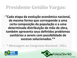 Presidente Getúlio Vargas:
•”Cada etapa da evolução econômica nacional,
da mesma forma que corresponde a uma
certa composição da população e a uma
determinada distribuição de mão de obra,
também apresenta seus definidos problemas
sanitários a serem com possibilidade de
sucesso solucionados.”*
• * Mensagem ao Congresso Nacional, 1951.

 