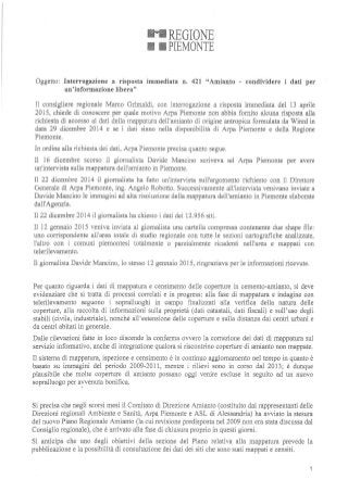 Regione Piemonte, interrogazione sul mancato rilascio dei dati sui siti contaminati da amianto