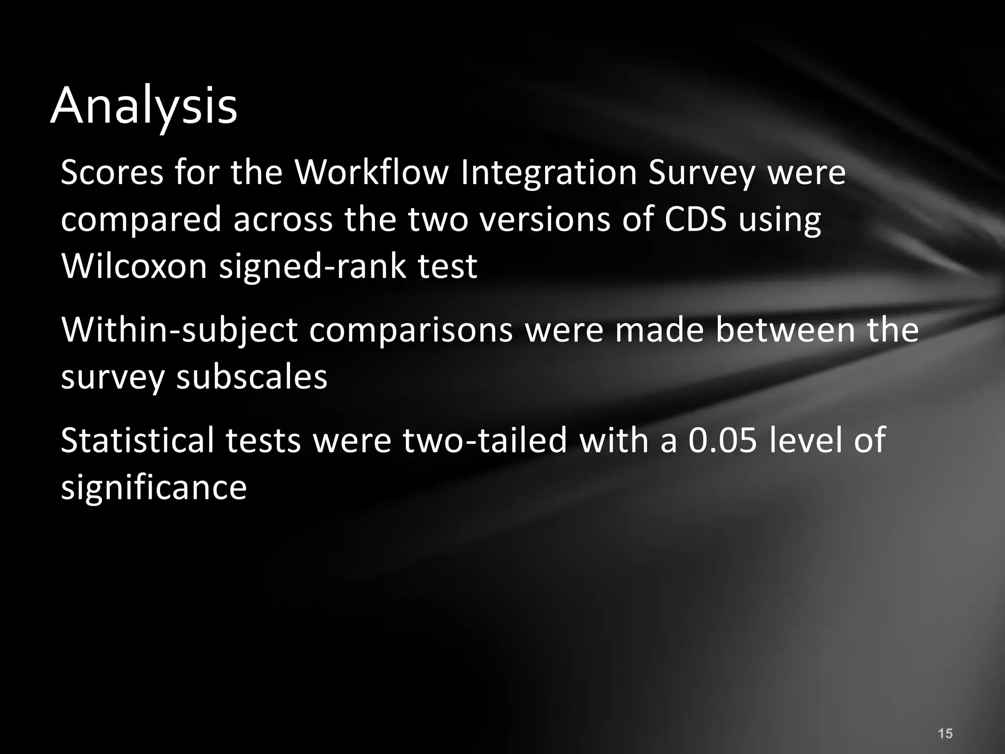 Analysis
Scores for the Workflow Integration Survey were
compared across the two versions of CDS using
Wilcoxon signed-rank test
Within-subject comparisons were made between the
survey subscales
Statistical tests were two-tailed with a 0.05 level of
significance
 