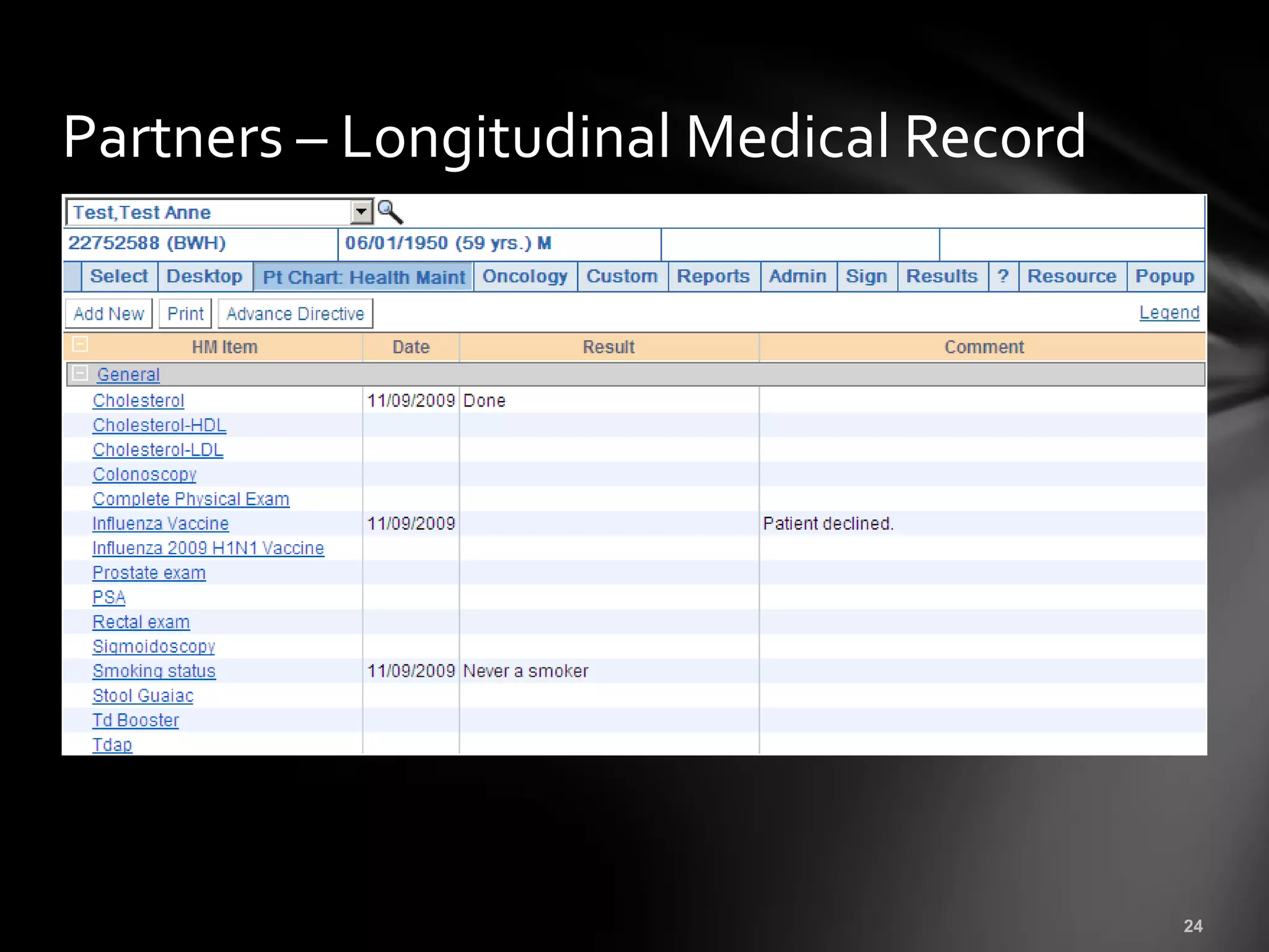 Partners – Longitudinal Medical Record
 