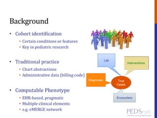 Background
• Cohort identification
• Certain conditions or features
• Key in pediatric research
• Traditional practice
• Chart abstractions
• Administrative data (billing code)
• Computable Phenotype
• EHR-based, pragmatic
• Multiple clinical elements
• e.g. eMERGE network
True
Cases
Diagnoses
Lab
Interventions
Encounters
 