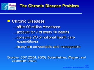 The Chronic Disease Problem Chronic Diseases … afflict 90 million Americans … account for 7 of every 10 deaths … consume 2/3 of national health care expenditures … many are preventable and manageable Sources: CDC (2004, 2006); Bodenheimer, Wagner, and Grumbach (2002) Page  ©2007 AHRQ National Resource Center 