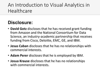 An Introduction to Visual Analytics in
Healthcare
Disclosure:
• David Gotz discloses that he has received grant funding
from Amazon and the National Consortium for Data
Science, an industry-academic partnership that receives
funding from Cisco, Deloitte, EMC, GE, and IBM.
• Jesus Caban discloses that he has no relationships with
commercial interests.
• Adam Perer discloses that he is employed by IBM.
• Josua Krause discloses that he has no relationships
with commercial interests.
 