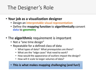 The Designer’s Role
• Your job as a visualization designer
• Design an interpretable visual representation
• Define the mapping function to algorithmically convert
data to geometry
• The algorithmic requirement is important
• Not a “one time design”
• Repeatable for a defined class of data
• What types of data? What prerequisites are there?
• What are the “edge cases” that need to work?
• How would the appearance of outliers impact the design?
• How will it scale to larger volumes of data?
• This is what makes mapping challenging (and fun!)
 