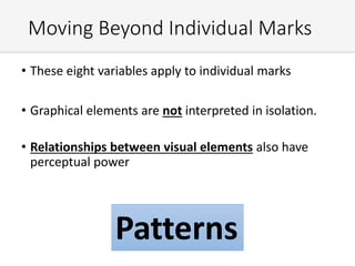 Moving Beyond Individual Marks
• These eight variables apply to individual marks
• Graphical elements are not interpreted in isolation.
• Relationships between visual elements also have
perceptual power
Patterns
 