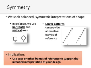 Symmetry
• We seek balanced, symmetric intepretations of shape
• In isolation, we use
horizontal and
vertical axes
• Implication:
• Use axes or other frames of reference to support the
intended interpretation of your design
• Larger patterns
can provide
alternative
frames of
reference
 