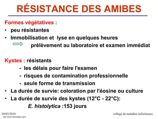 RÉSISTANCE DES AMIBES
Formes végétatives :
• peu résistantes
• Immobilisation et lyse en quelques heures
prélèvement au laboratoire et examen immédiat
Kystes : résistants
- les délais pour faire l'examen
- risques de contamination professionnelle
- seule forme de transmission
• La durée de survie: coloration par l'éosine ou culture
• La durée de survie des kystes (12°C - 22°C):
E. histolytica :153 jours
30/03/2010 collège de maladies infectieuses
http://www.infectiologie.org.tn
 