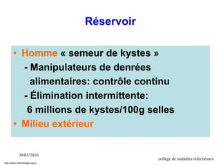 30/03/2010
collège de maladies infectieuses
• Homme « semeur de kystes »
- Manipulateurs de denrées
alimentaires: contrôle continu
- Élimination intermittente:
6 millions de kystes/100g selles
• Milieu extérieur
Réservoir
http://www.infectiologie.org.tn
 
