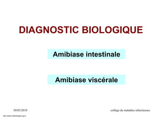 30/03/2010 collège de maladies infectieuses
DIAGNOSTIC BIOLOGIQUE
Amibiase intestinale
Amibiase viscérale
http://www.infectiologie.org.tn
 